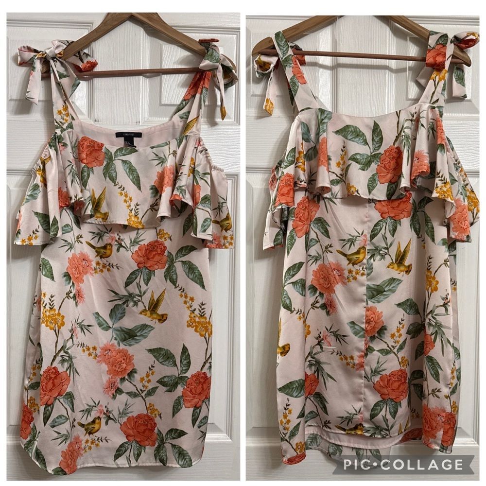 Forever21 Floral Bird Cottagecore Mini Dress L Tie Cold Shoulder Ruffle Lined - Picture 4 of 8